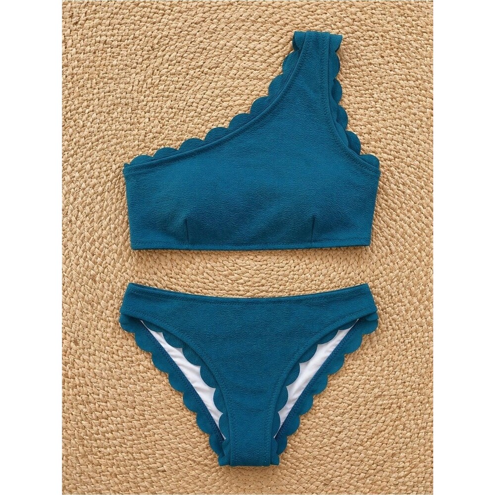 NWT Cupshe Bikini Set M Teal One Shoulder Scallop Edge Textured 2 Piece Swimsuit